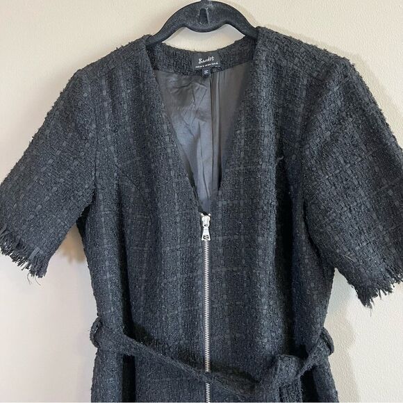 ✨ Bardot Boucle Tweed Zip Front Frayed Hem Dress Medium 8 Black - Picture 3 of 11